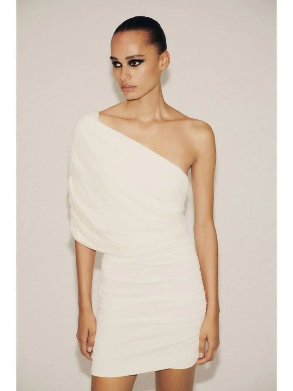 Zara Womens Mini Dress L Oyster White Asymmetrical Bodycon Cocktail 4772/235 NWT